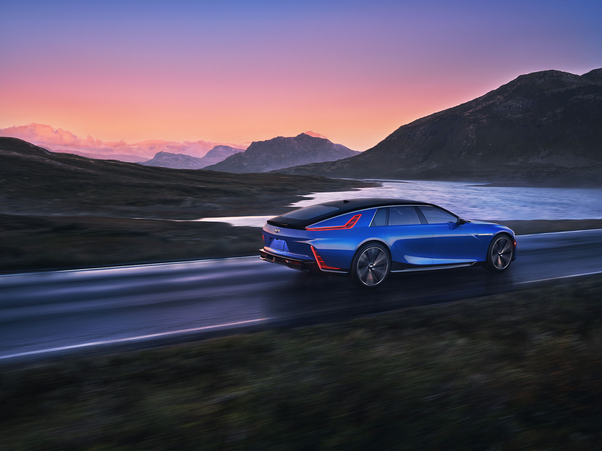 Chevy electric SUV in motion, city skyline in the background