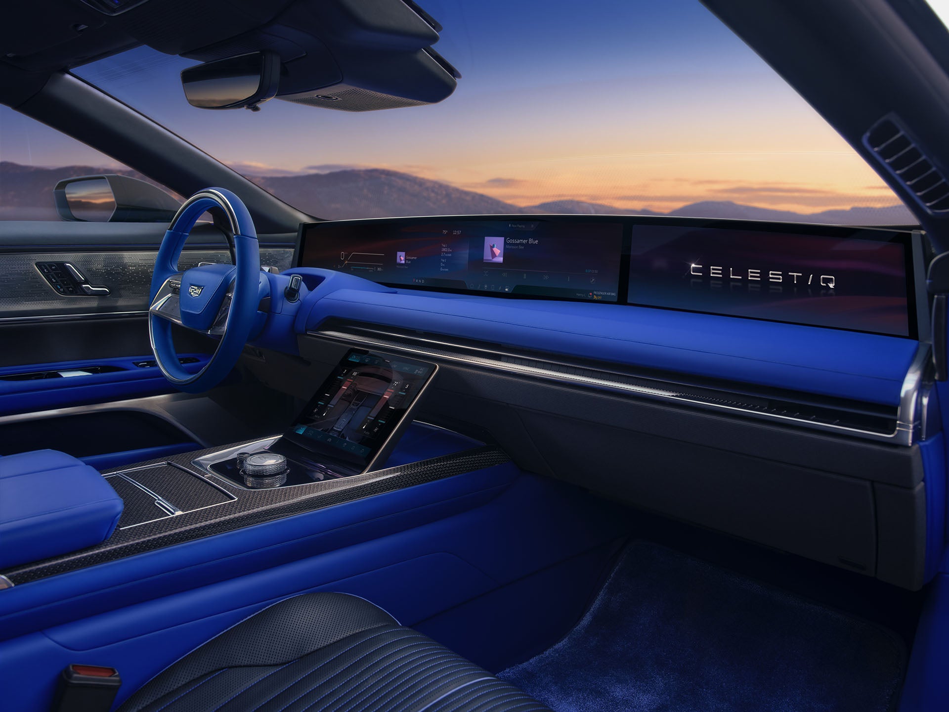 Chevy electric SUV driving through an urban landscape.